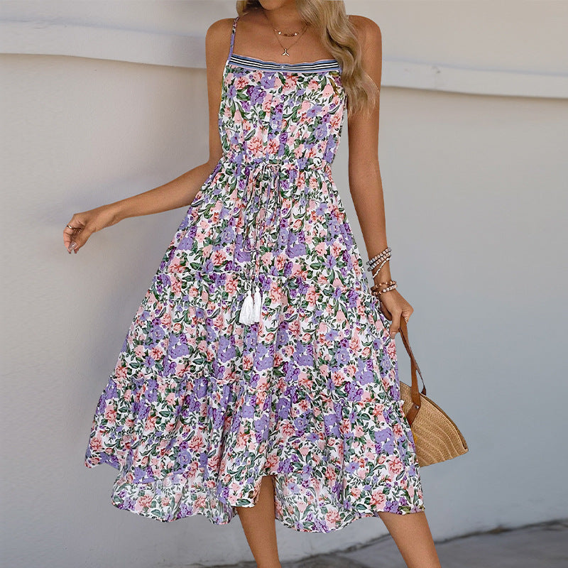Women Summer Suspender Pleating Printed Ruffled Dress Bella Mia